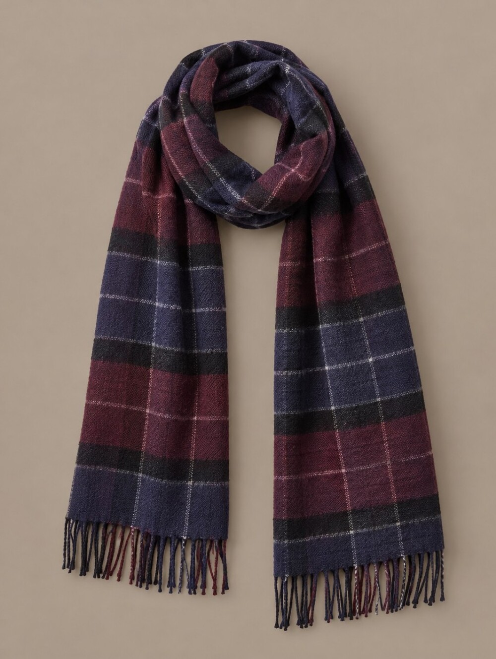 Barbour Black Knit Top with Burgundy & Navy Plaid Scarf